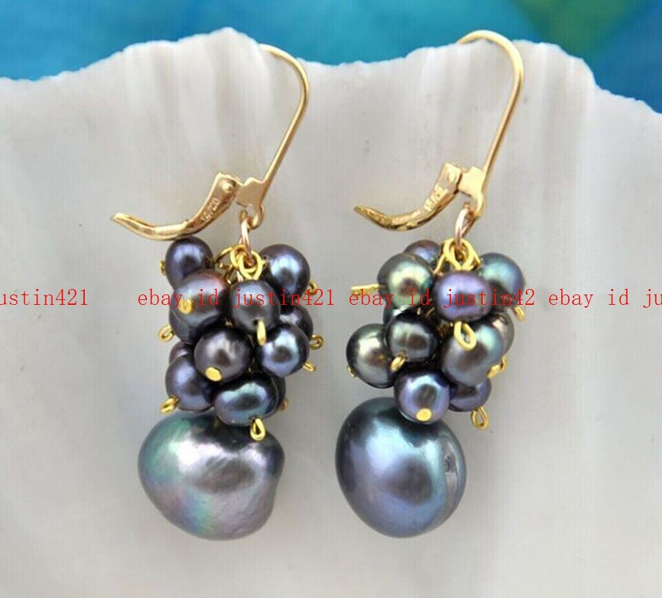 Natural 6-7mm 10-12mm Black Freshwater Baroque Pearl Cluster Dangle Earrings