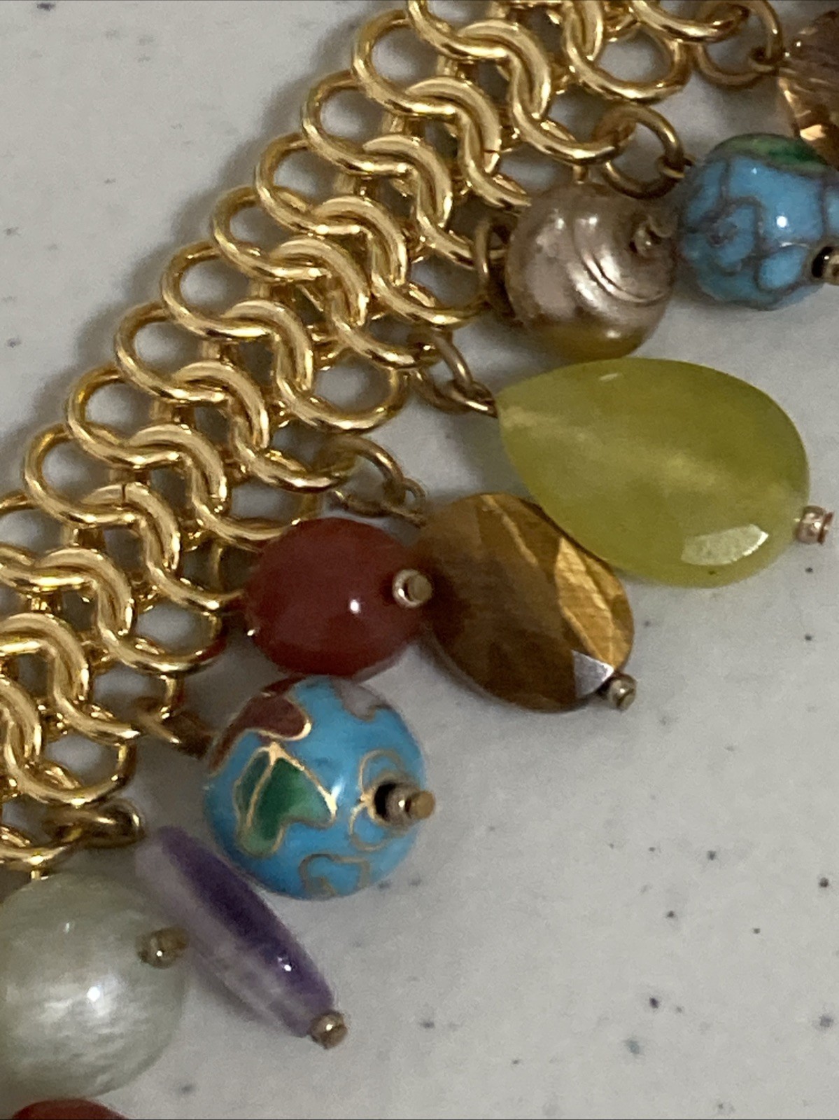 R J GRAZIANO Necklace Gold Tone Gemstone Cloisonne Glass Beads Dangles Jewelry