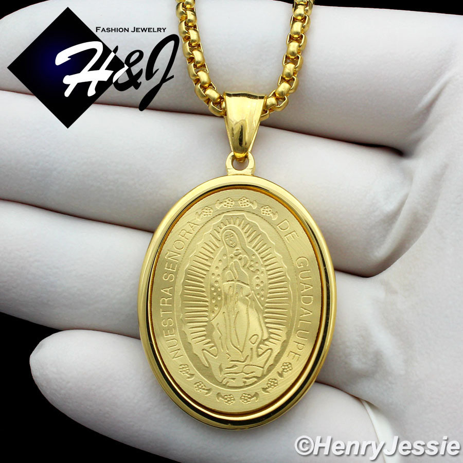 18-36″MEN Stainless Steel 3mm Gold Plated Box Link Chain VIRGIN MARY Pendant*G26