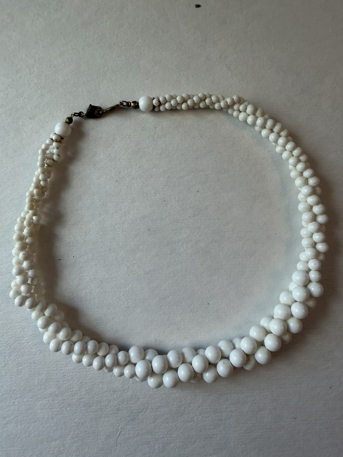 White Glass Beaded Double Strand Necklace, Round Beads, Lobster Clasp, Signed