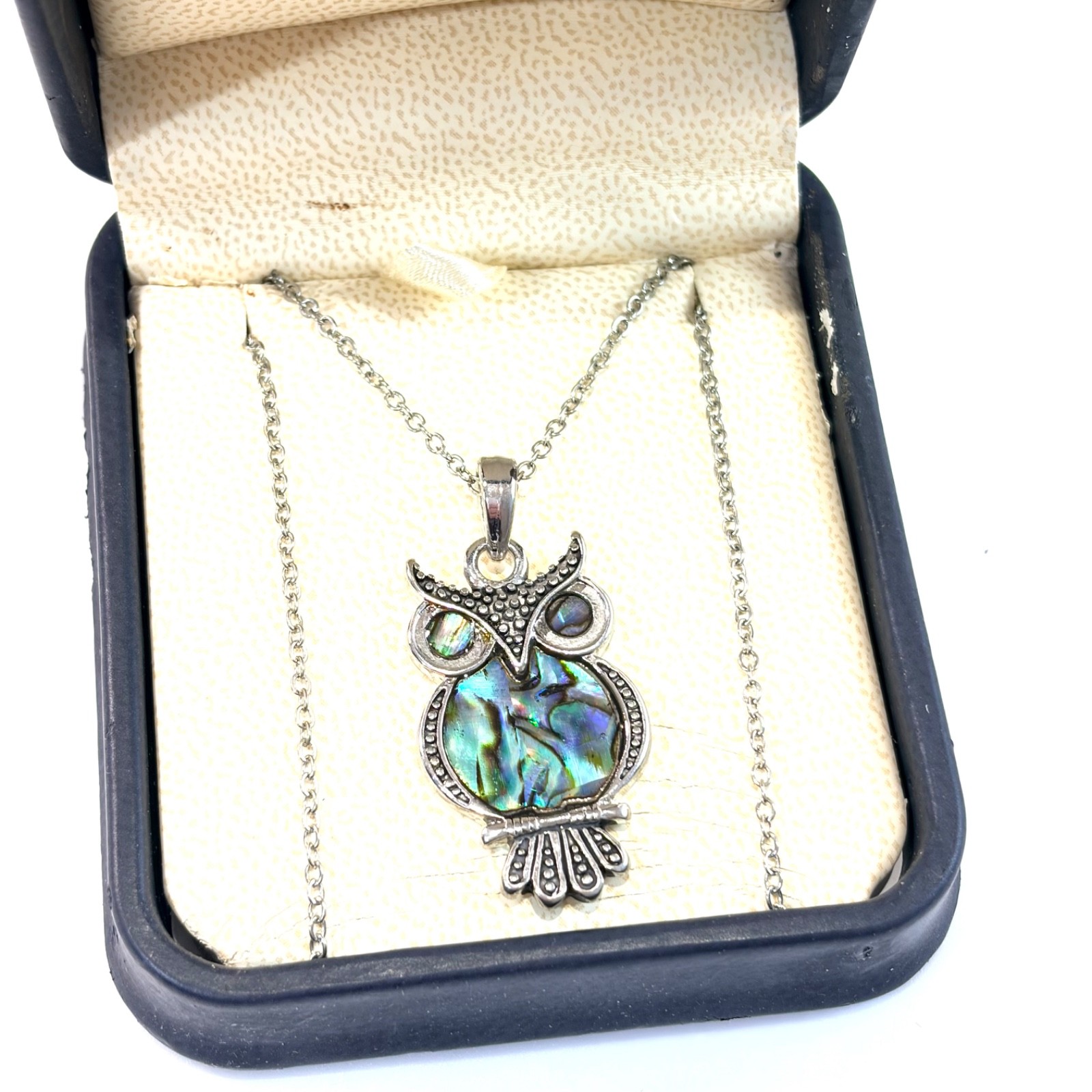 Cute Iridescent Abalone Shell Owl Pendant Necklace With Hinged Box