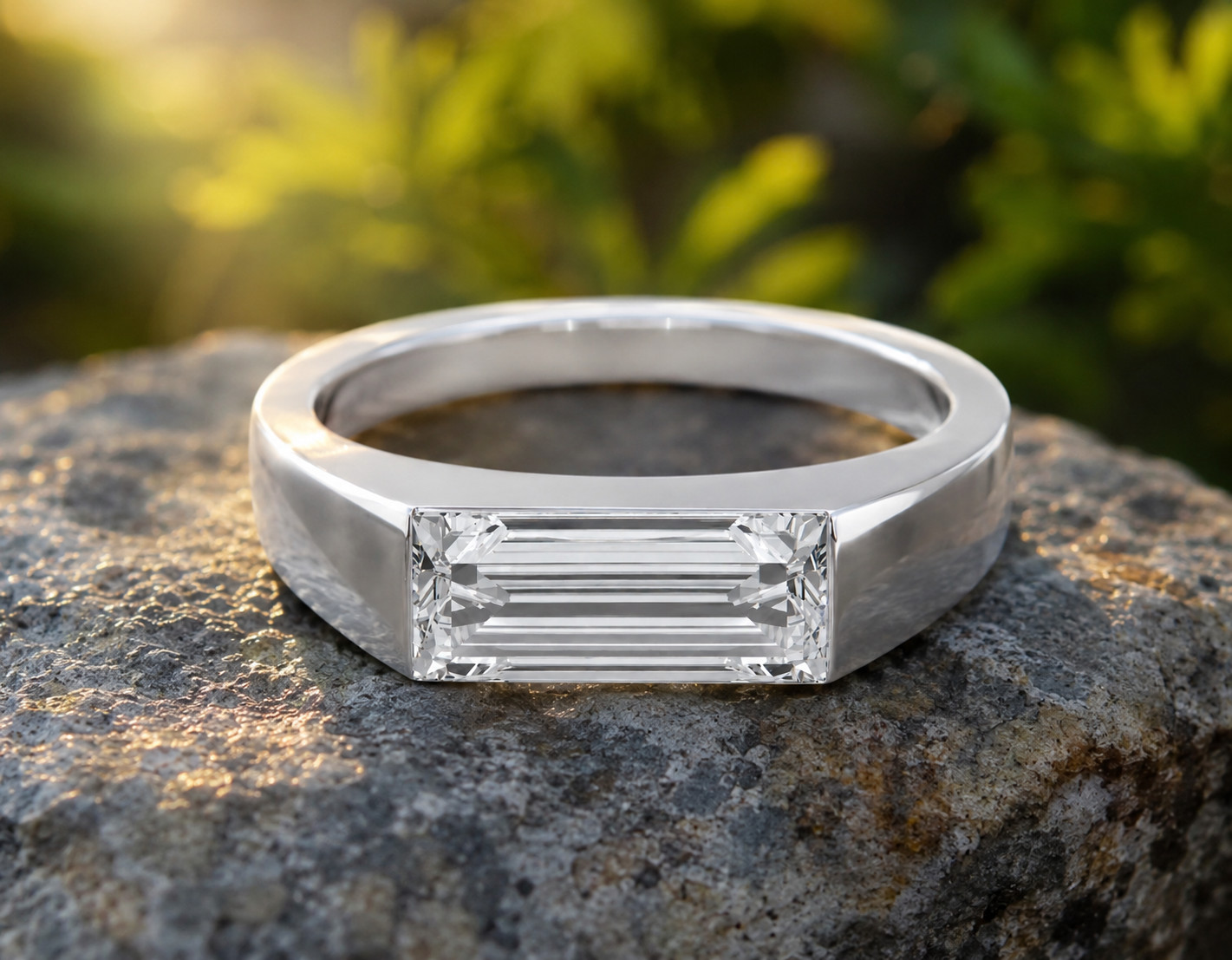 925 Sterling Silver Emerald Cut Cubic Zirconia Bezel Set Engagement Ring Band