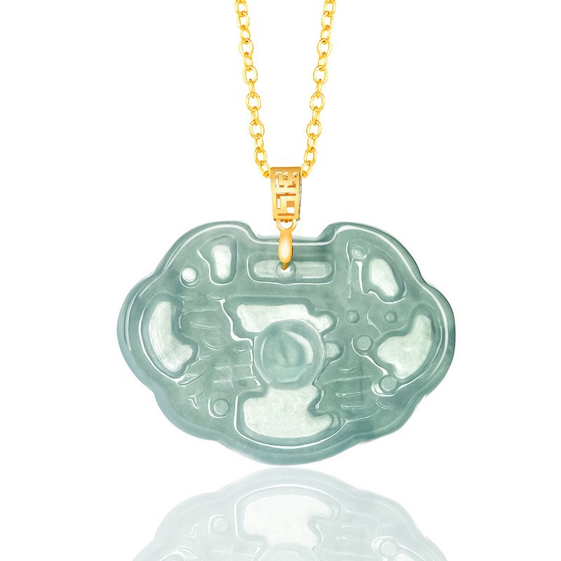Real 18K Gold Clasp Natural Jadeite Jade Women Lock Pendant Necklace Gift