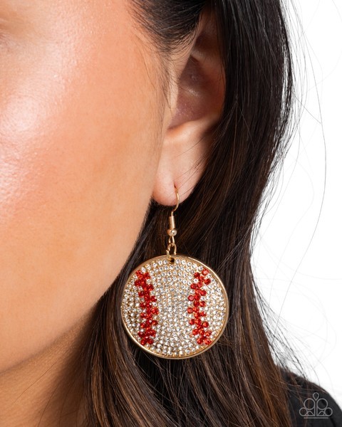 Paparazzi Gold Baseball Rhinestone Dangle Earrings Homerun Haute Fishhook
