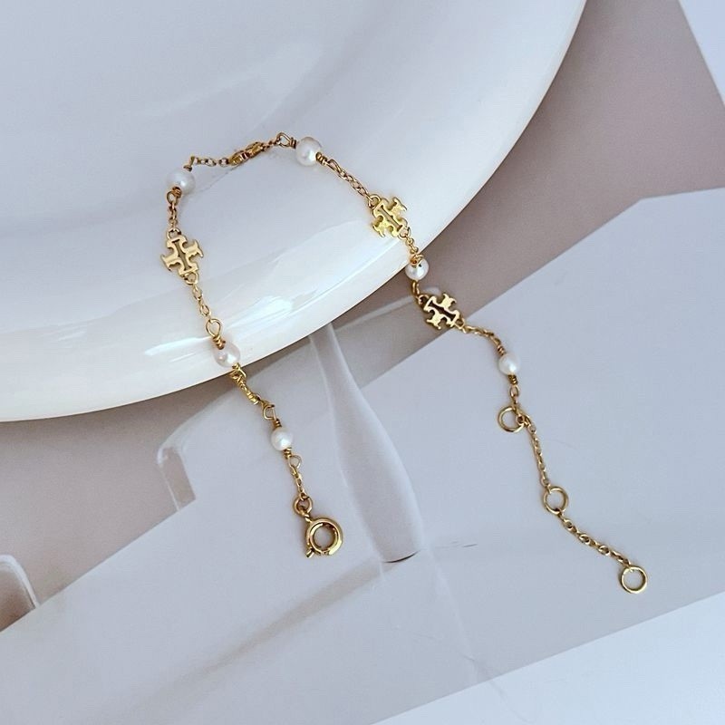 HOT Tory Burch 18K Gold TB Logo Pearl Chain Bracelet Luxury NEW 💎