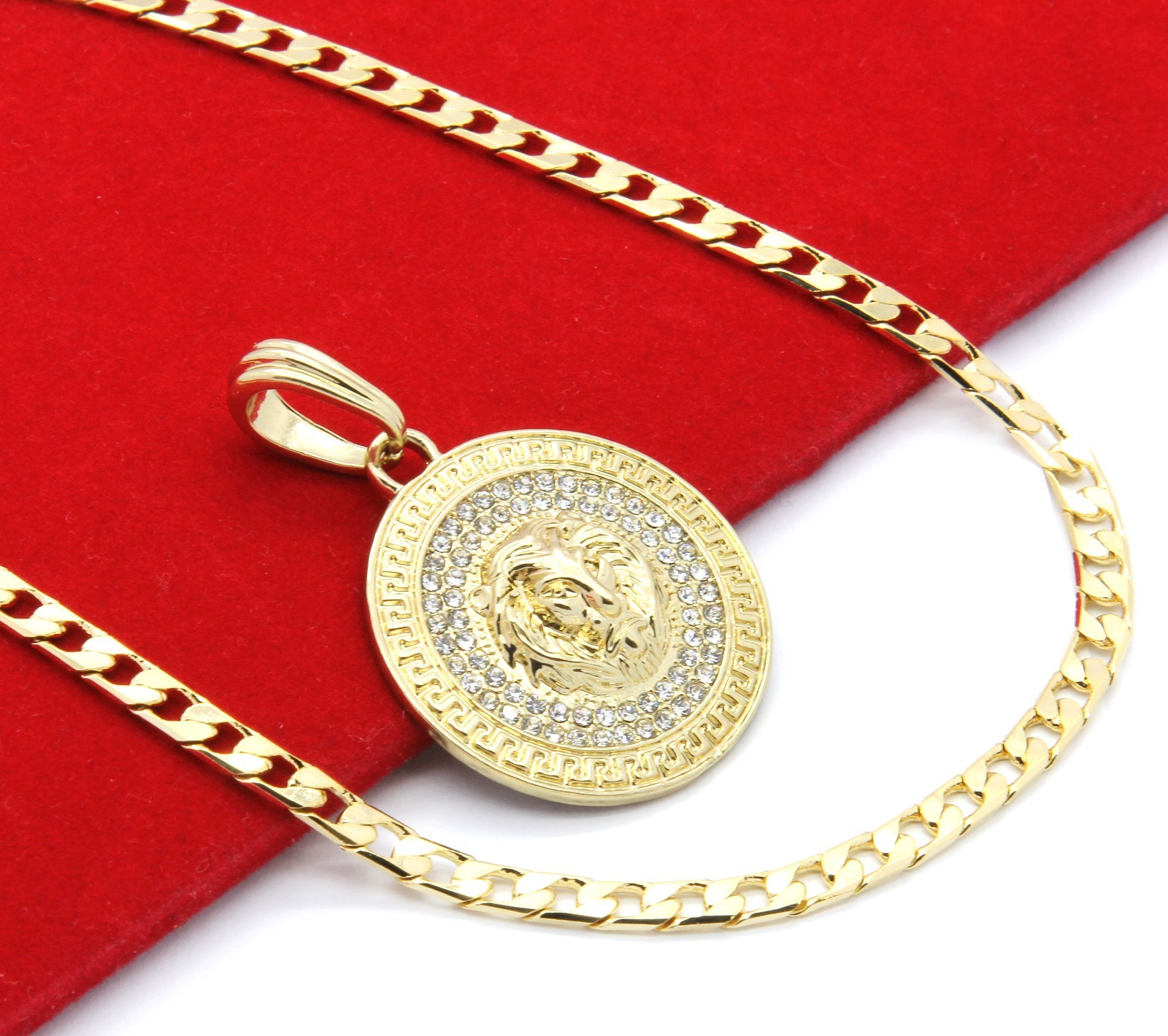 Medallion Pattern Lion Gold Plated Cubic-Zirconia 24″ Cuban Curb Chain Pendant