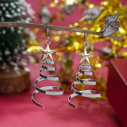 Handmade Christmas Tree Dangle Hoop Earrings Golden Silver Two Tone Women