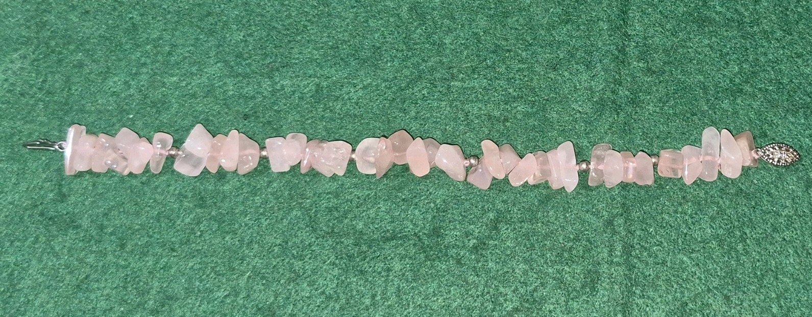 Pink Quartz Silver Beaded Stone Bracelet with Silver-Tone Push Lock Clasp