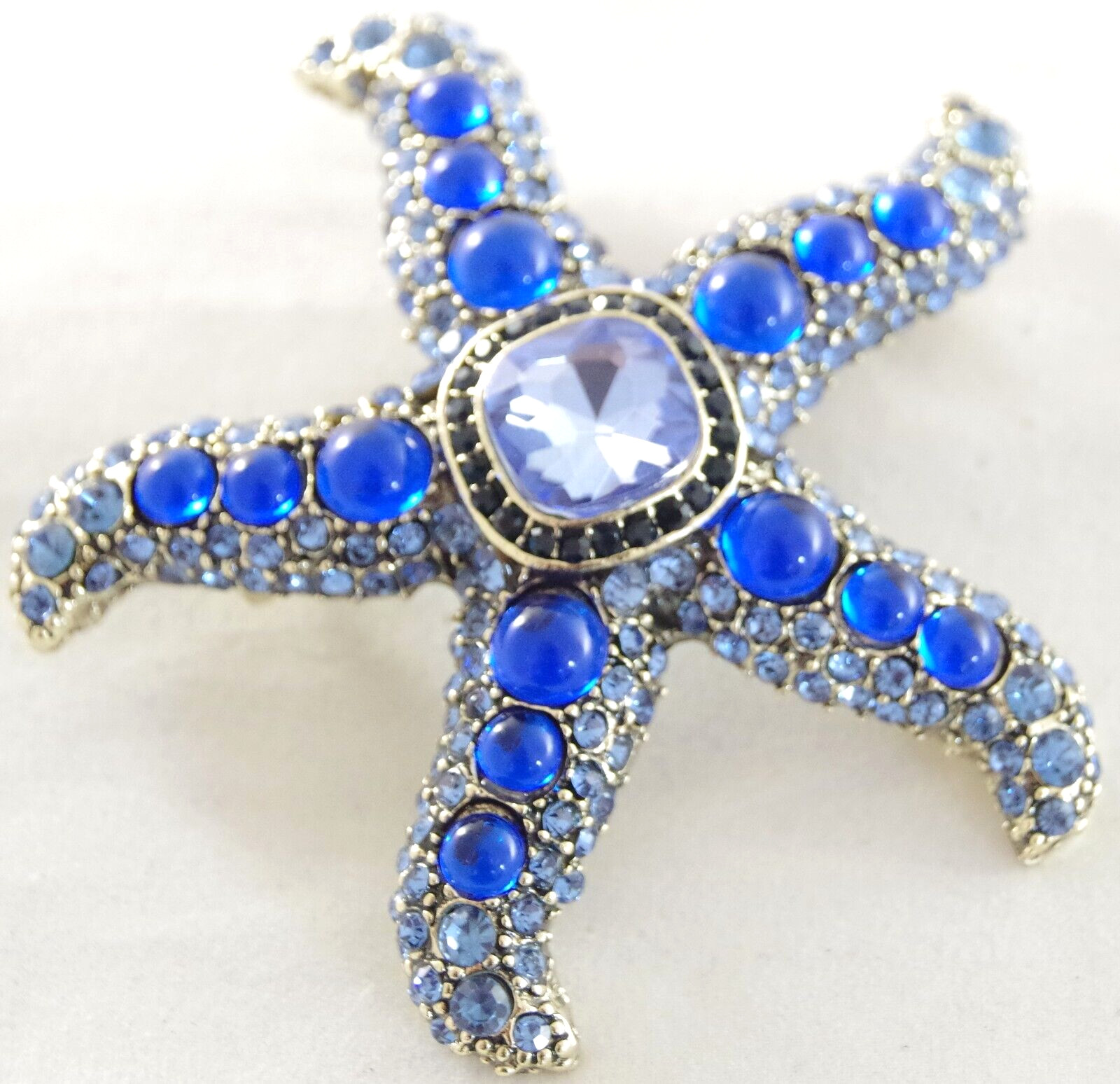 BIG UNSIGNED KENNETH JAY LANE INSPIRED BLUE RHINESTONE GLASS CAB STARFISH BROOCH
