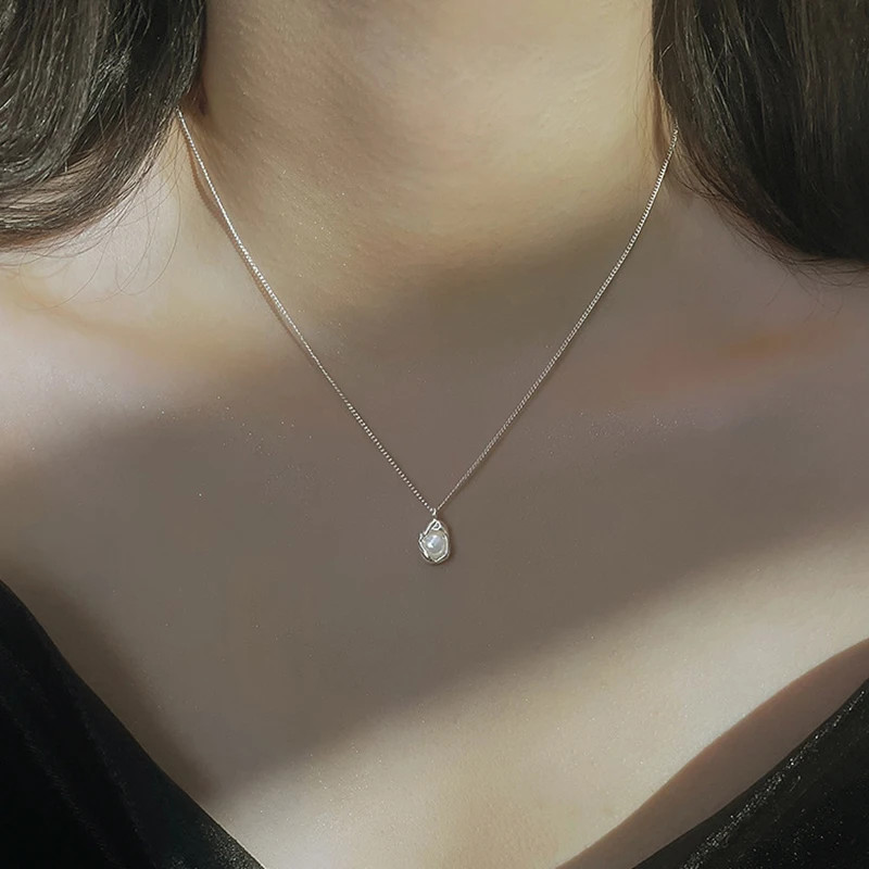 Sterling Silver Necklace Pearl Geometric Pendant Choker Vintage Women Jewelry