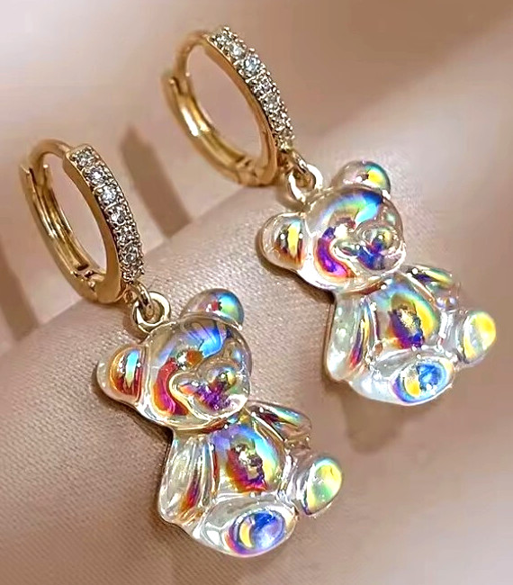 Adorable TEDDY BEAR Rhinestone Gold Clear Dangle Betsey Johnson Earrings