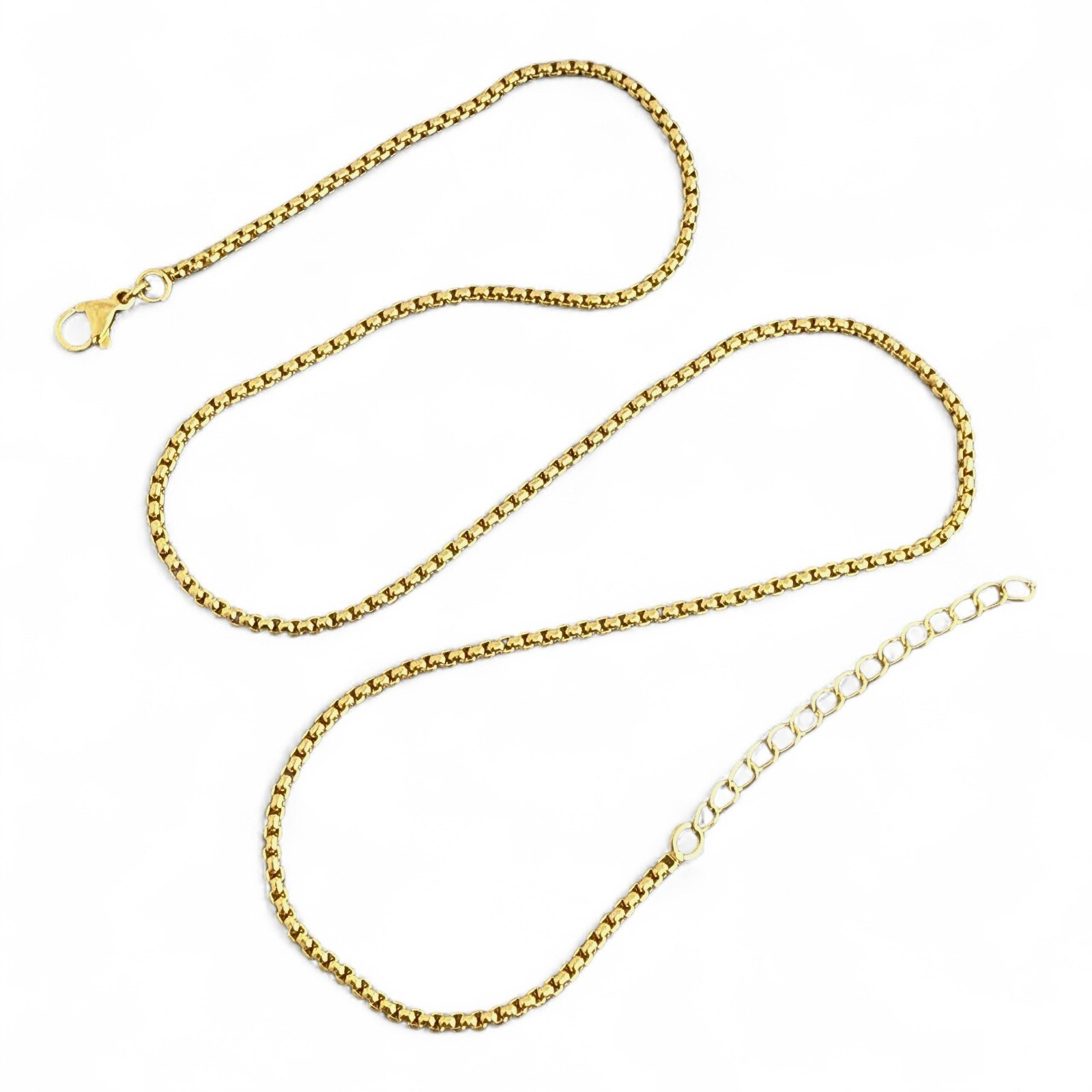 18K Gold Plated Box Chain Necklace 19″ Adjustable 2.2mm Lobster Clasp Jewelry