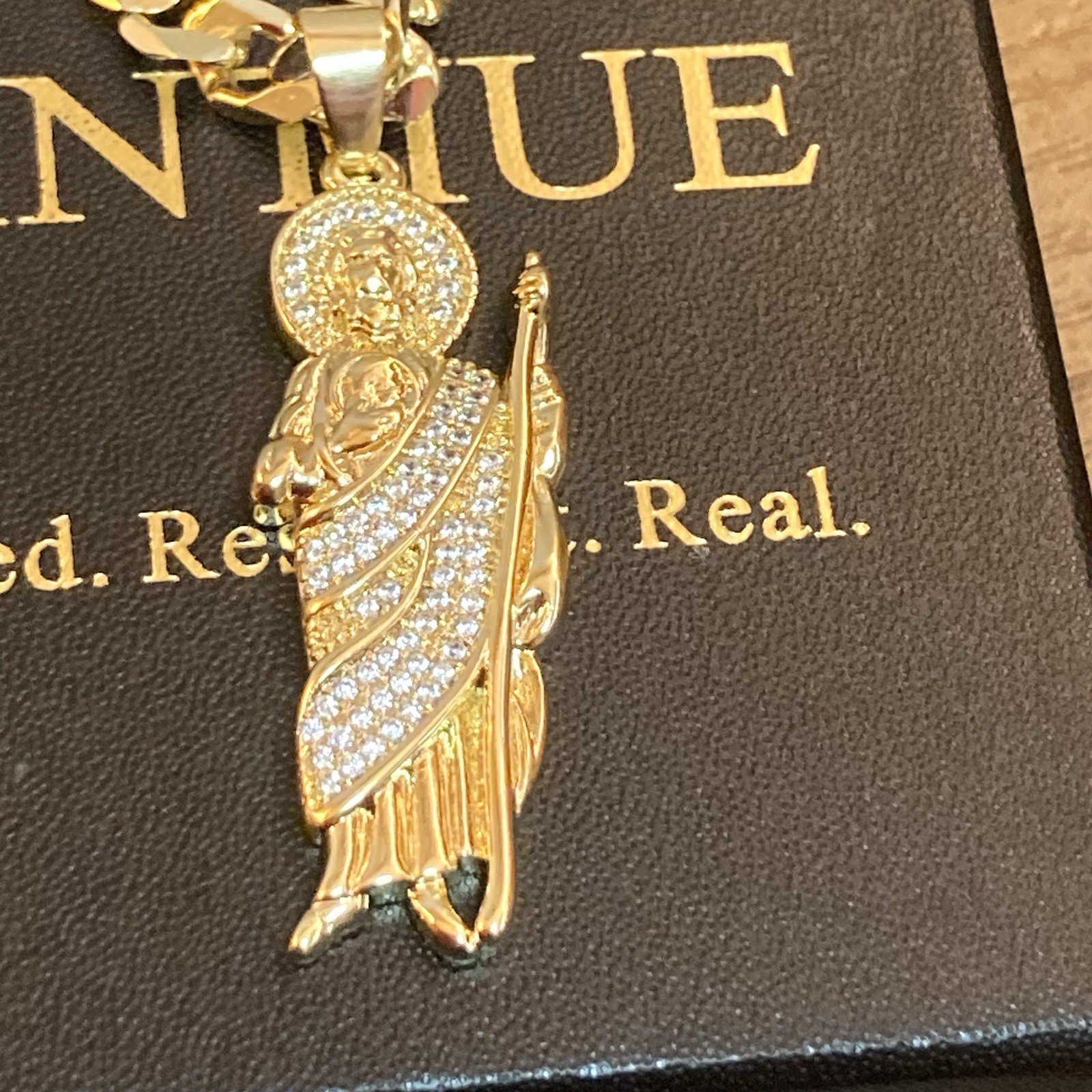Saint Jude CZ Pendant Necklace Tantiue 23.5in 5mm Gold Tone Curb Link Chain