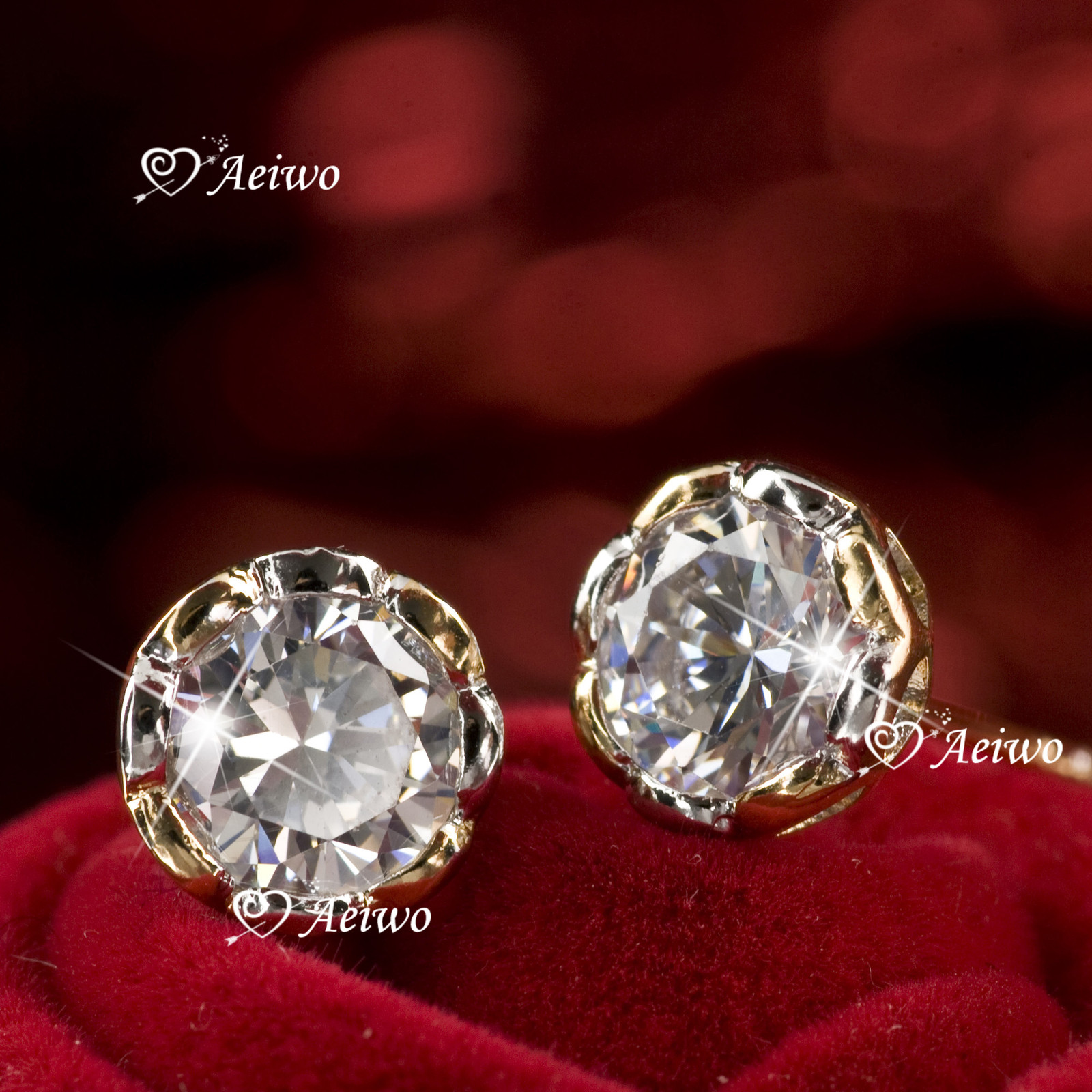 18K YELLOW WHITE GOLD 2-TONE MADE WITH SWAROVSKI CRYSTAL ROUND STUD EARRINGS