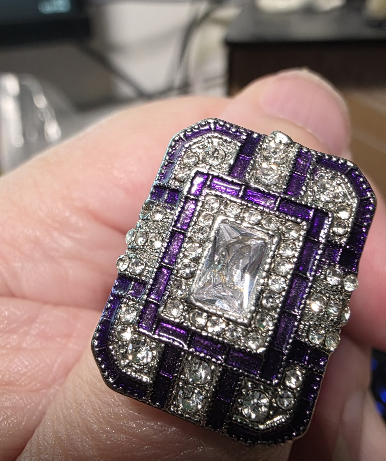 Silver & Purple Art Deco Style Ring Size U