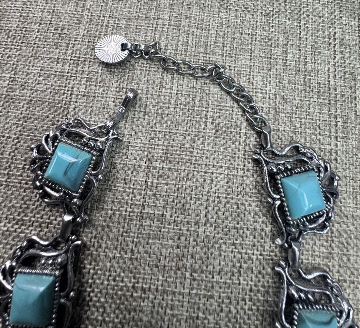 Vtg Silver Tone Statement Link Necklace faux Square turquoise Bezel Set