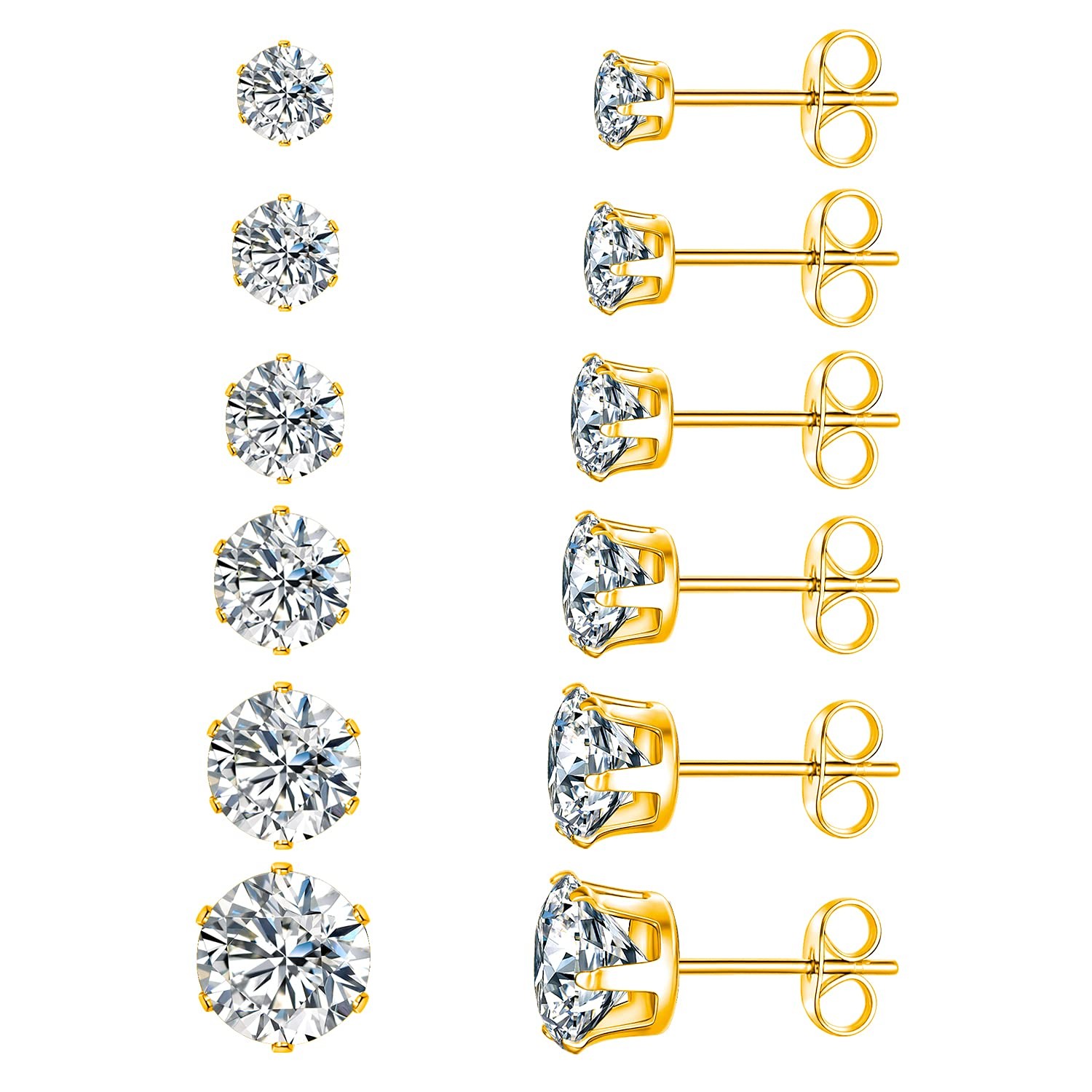 18K Yellow Gold Plated Round Clear Cubic Zirconia Stud Earring Pack of 6 Pairs