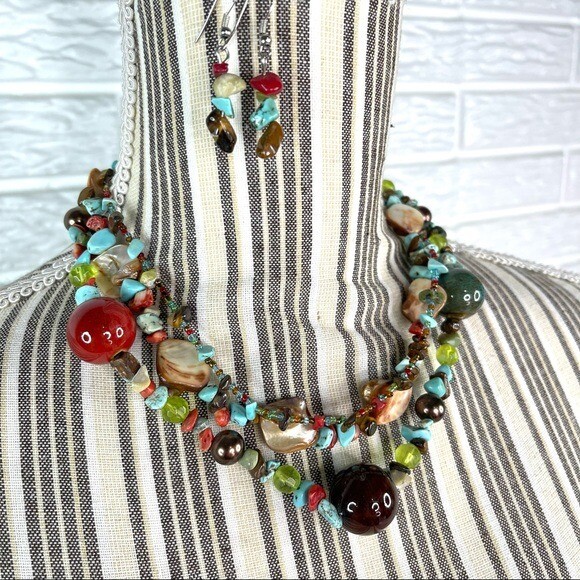 Multicolored Faux Stone Beaded Multi-Chain Layered Necklace & Earrings Set