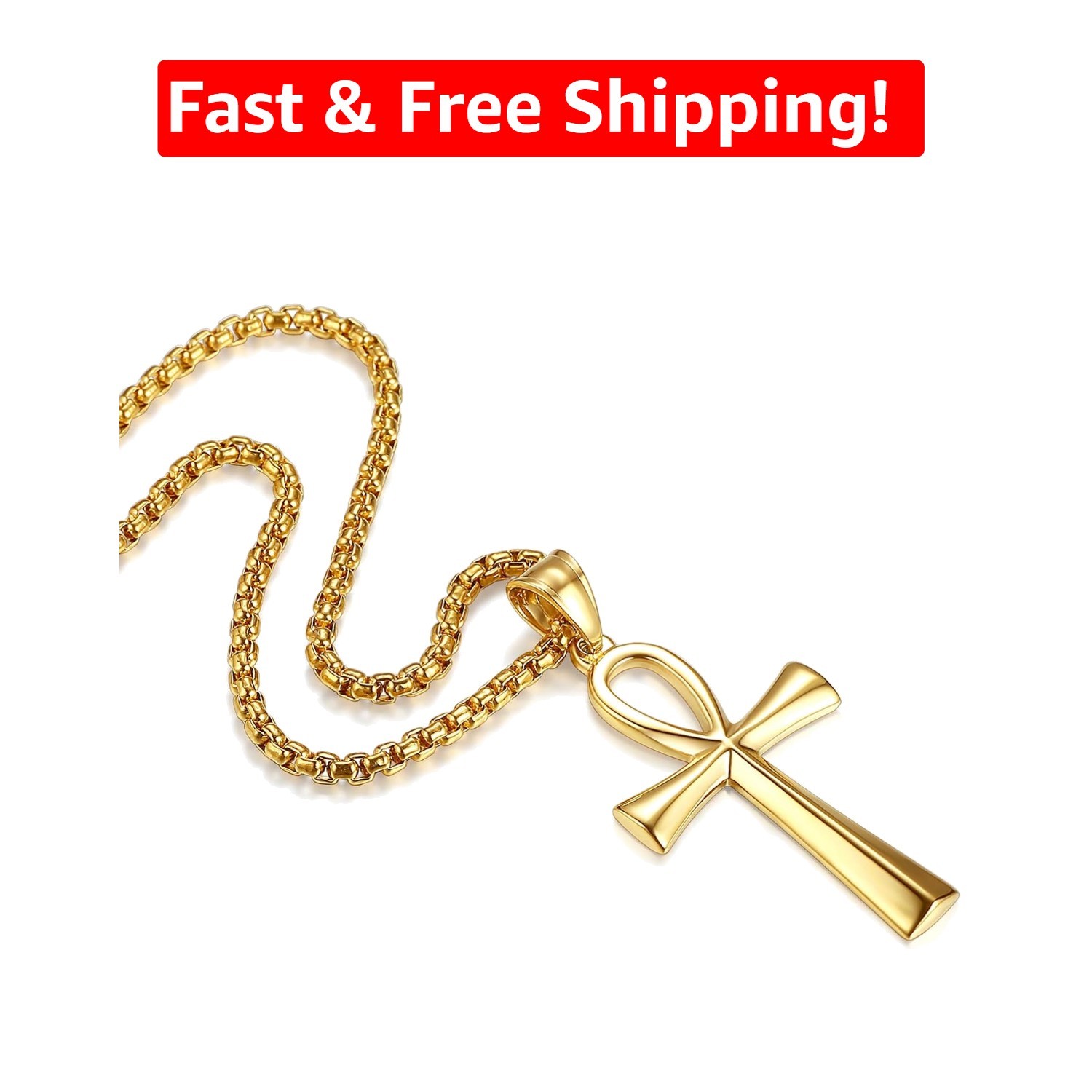 Gold-Tone Stainless Steel Coptic Ankh Cross Pendant Necklace for All Occasions
