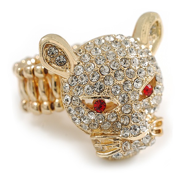 Clear Crystal Leopard Stretch Ring In Gold Plating – 30mm Long – 7/8 Size