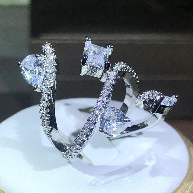 Sterling Silver Snake Ring Simulated Zirconia Winding Cocktail Women Jewelry