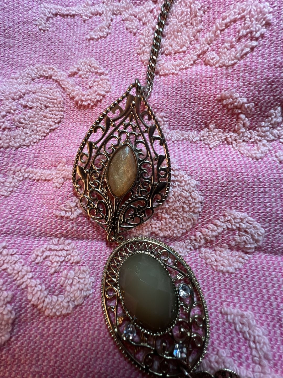 NY & Co. Statement Necklace with Filigree Filigree Metal, Neutral Cabochons, and