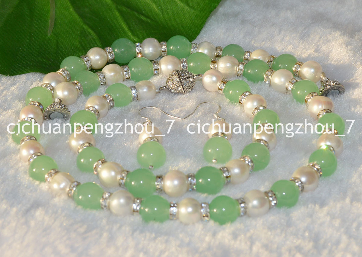 10mm Light Green Jade 9-10mm Genuine White Cultured Pearl Necklace Earrings Set