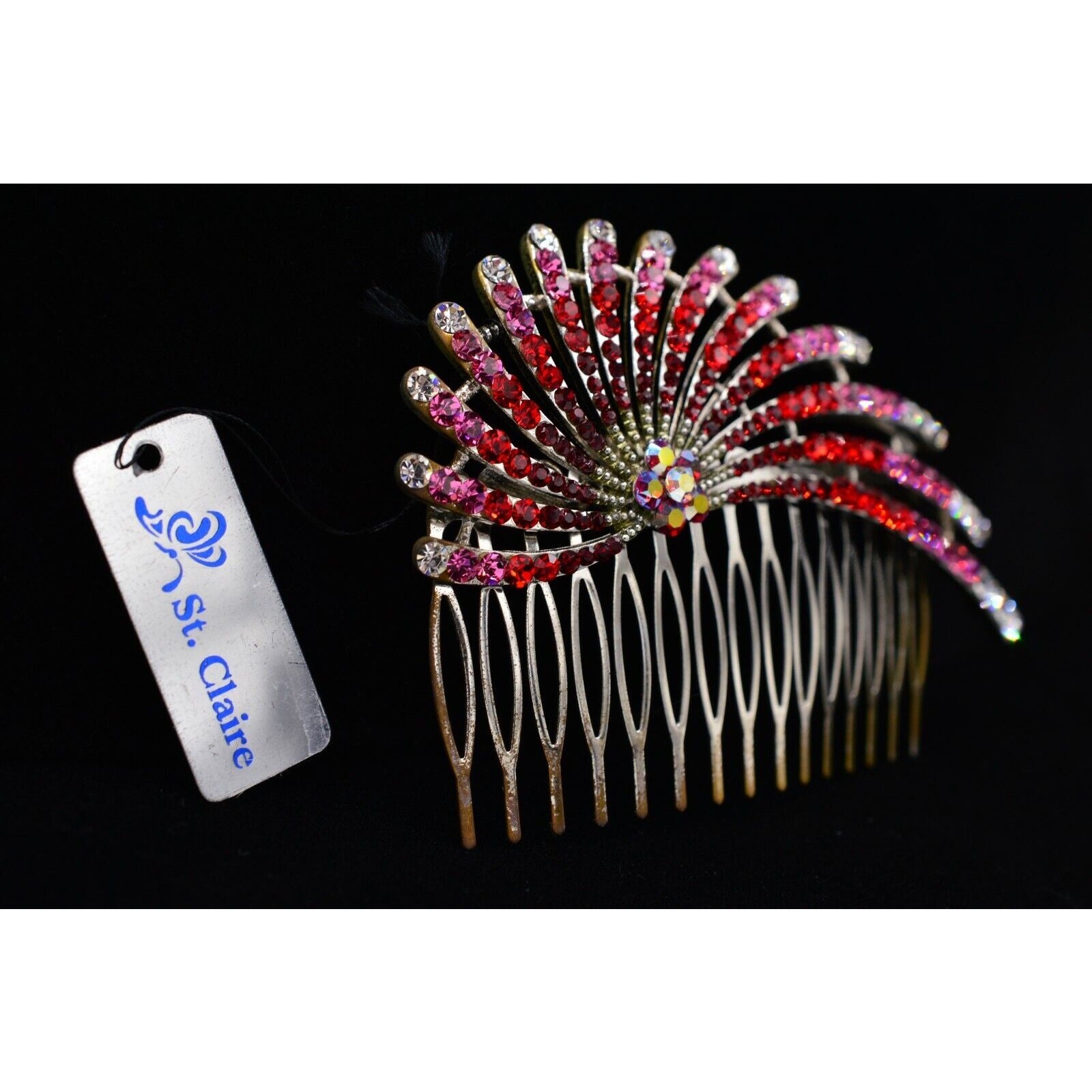 St. Clair Vintage Red Rhinestone Crystal Hair Pin Comb Aurora Borealis Pink