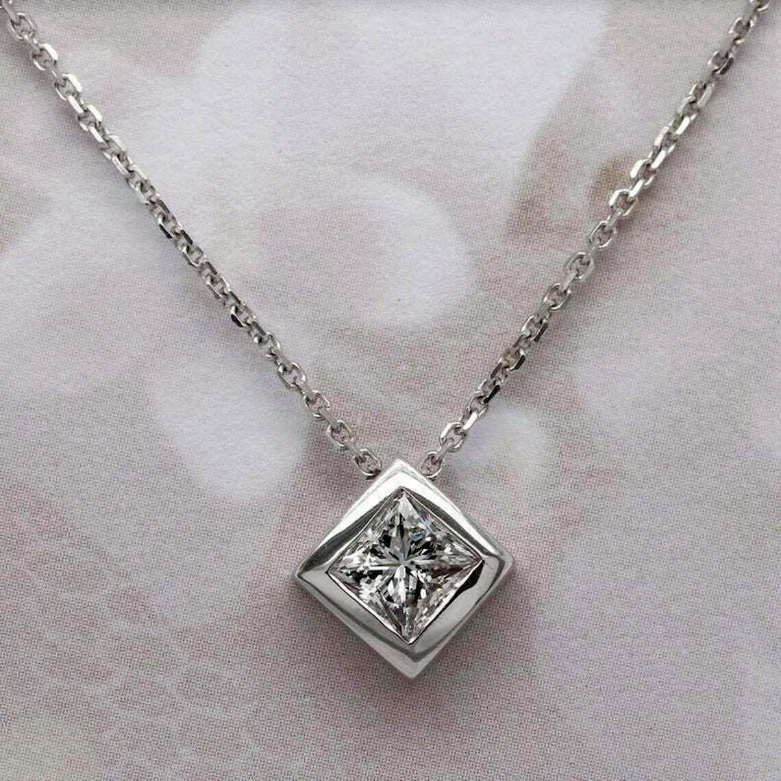 1Ct Princess Cut Simulated Diamond Solitaire Pendant Chain 14K White Gold Plated