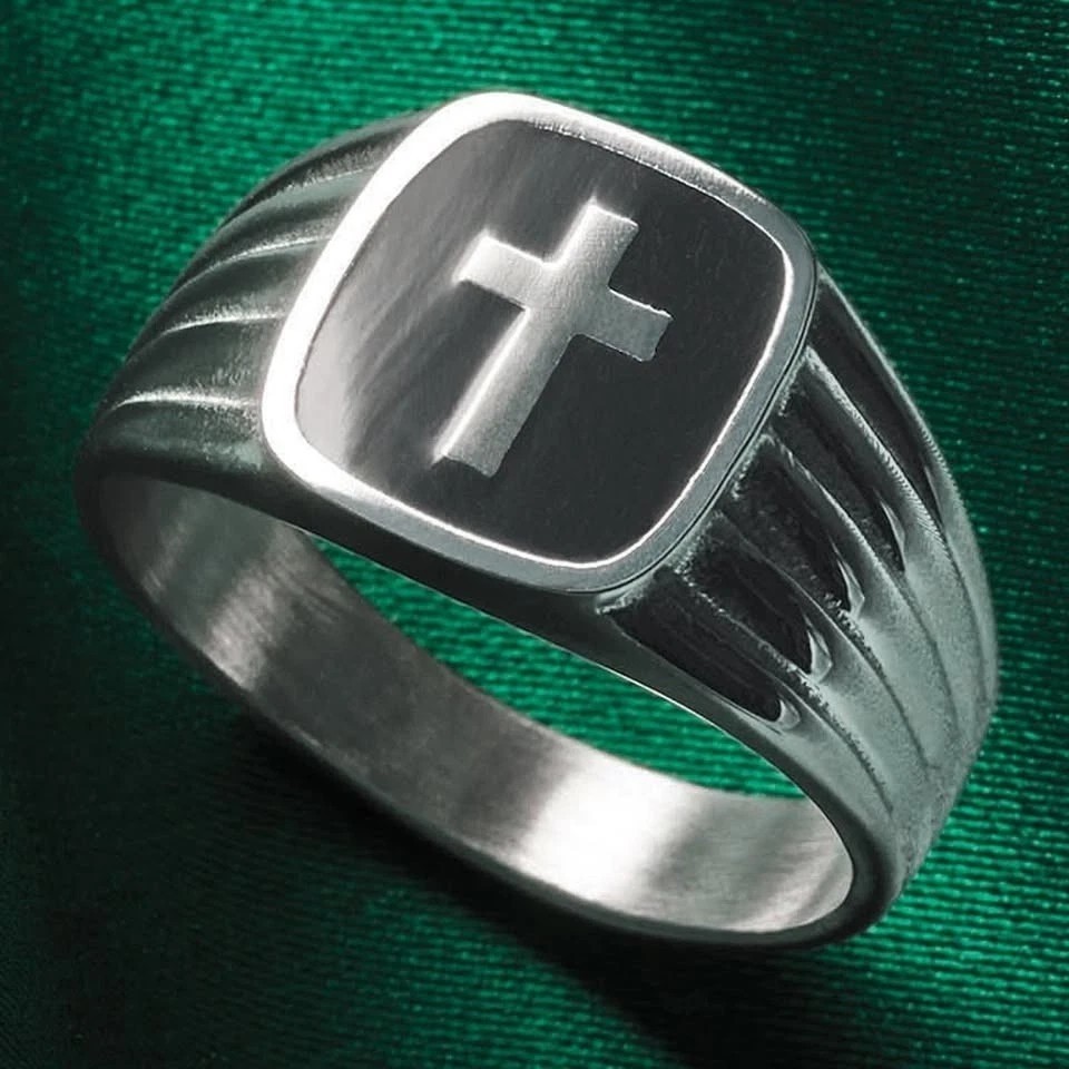 Men’s Stainless Steel Enamel CROSS SIGNET Ring Size 10 NIB ~ FAST SHIP NEXT DAY!