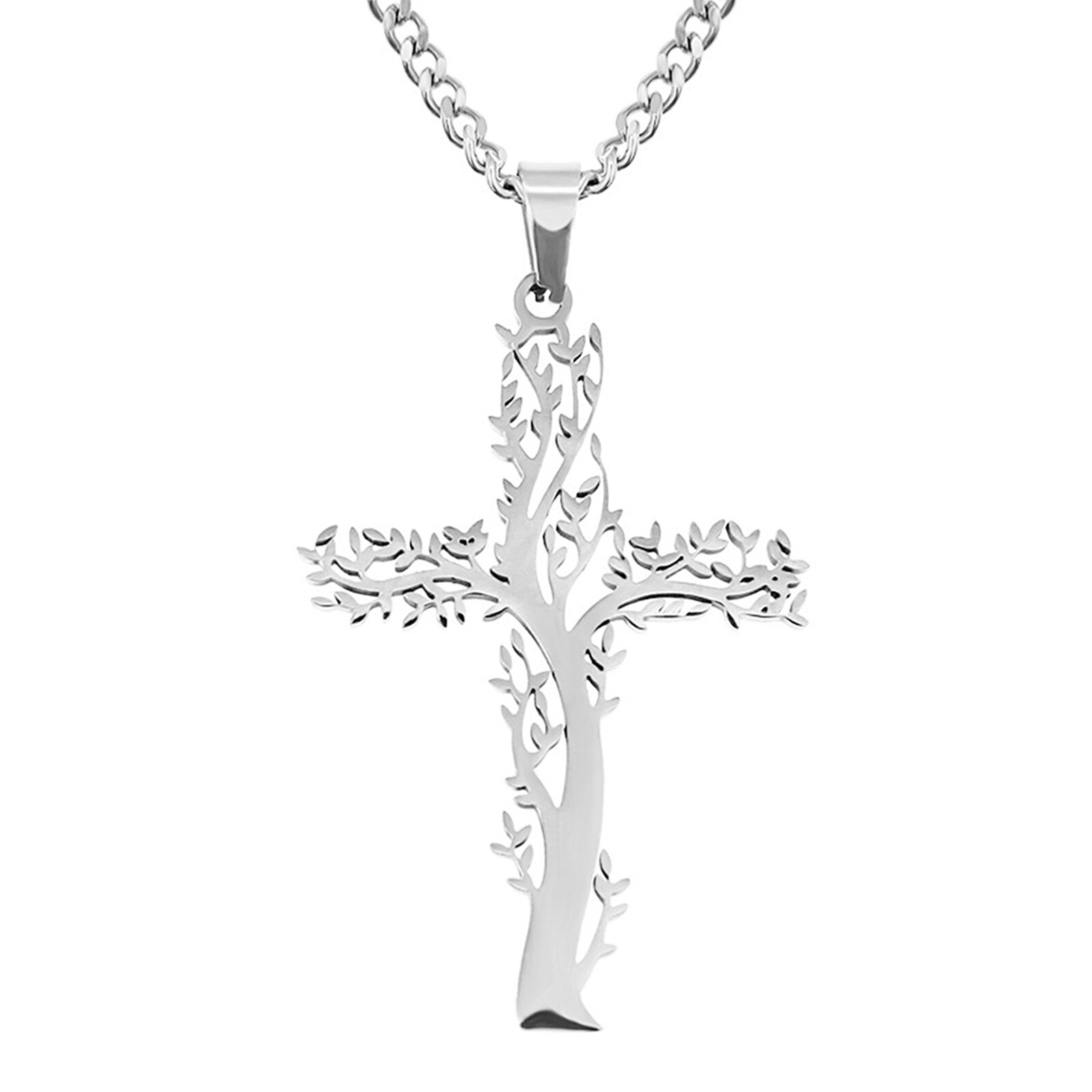 Religious Cross Tree of Life Stainless Steel Talisman Pendant Necklace Men Women