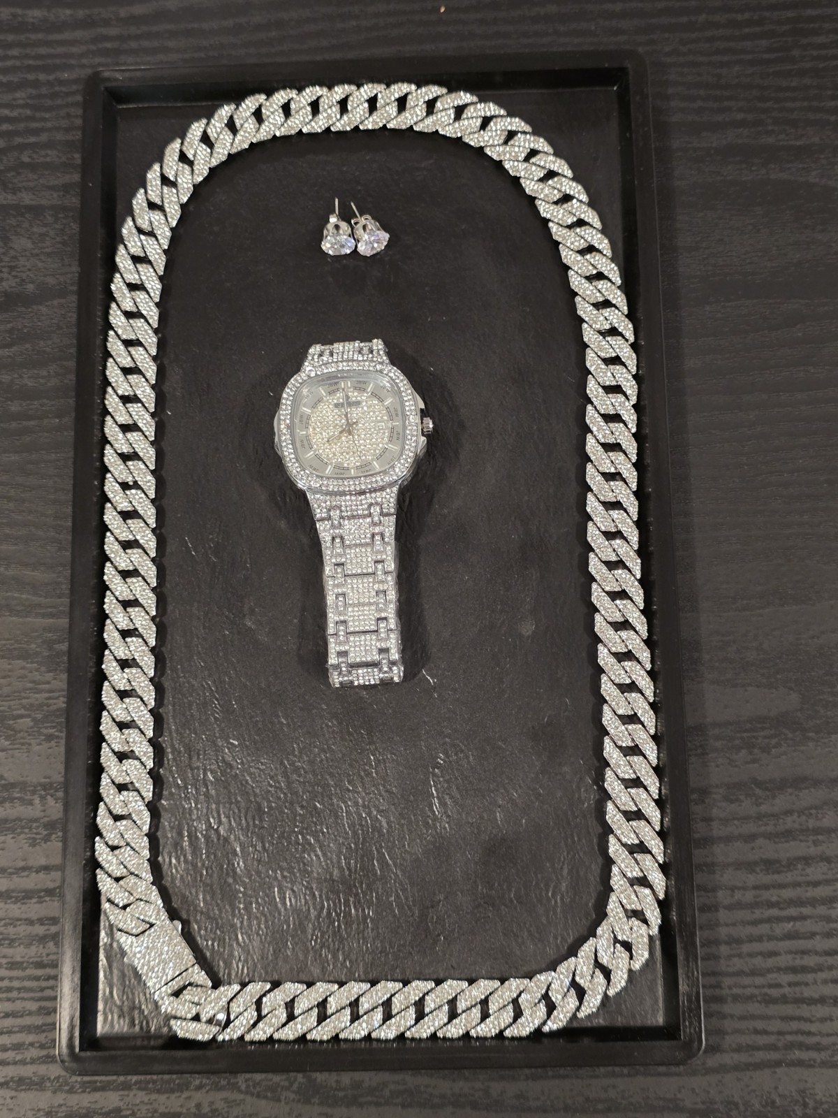 Father’s Day Drip Tray: 15mm Iced Out Cuban 30″ Chain/10mm Stud/42mm Watch SET