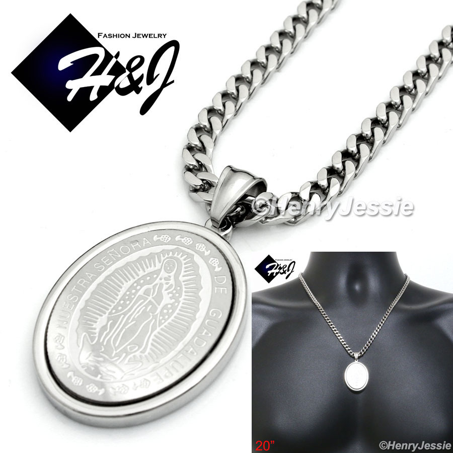20″MEN Stainless Steel 5mm Silver Cuban Curb Necklace VIRGIN MARY Pendant*SP26
