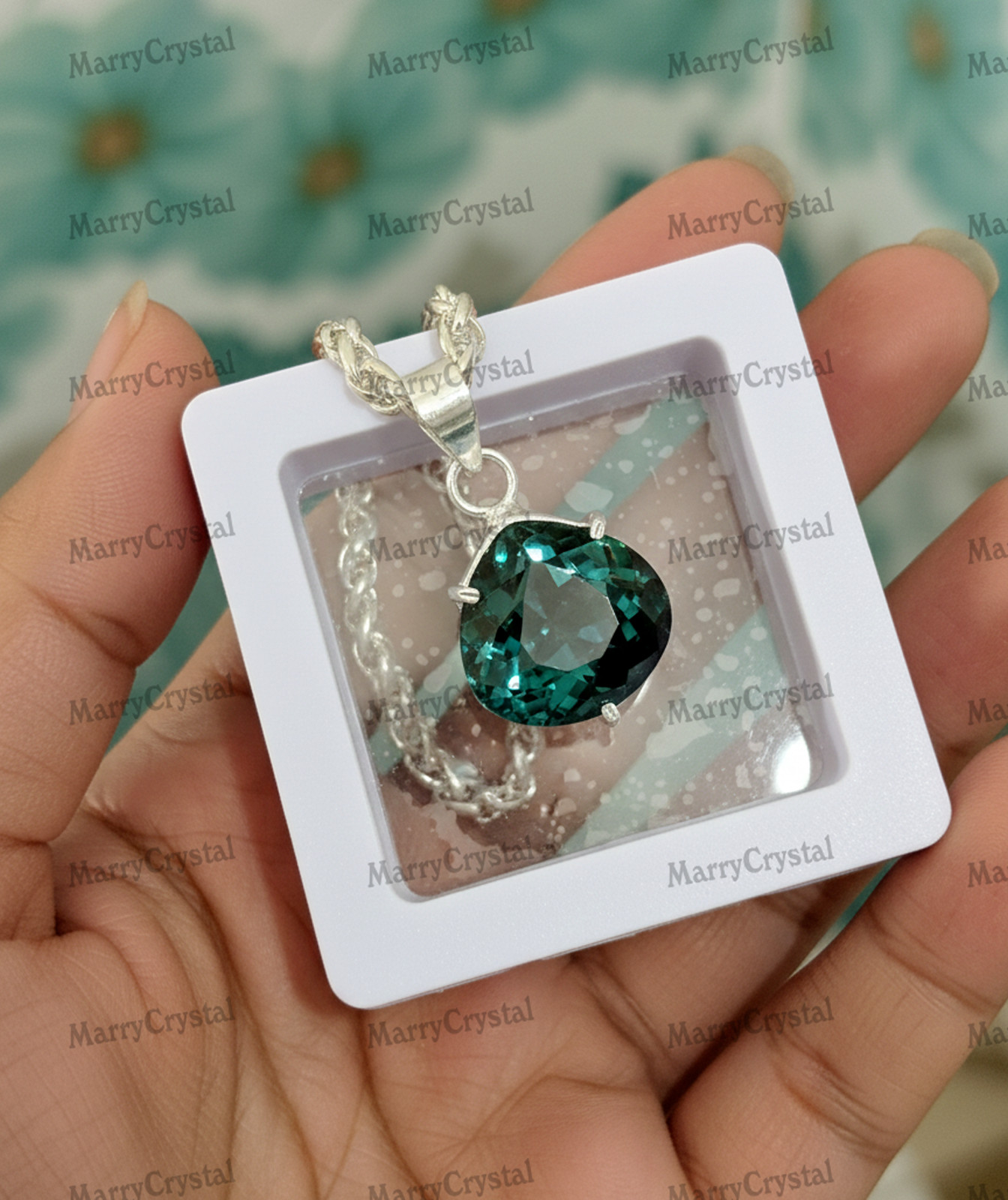 34+ Ct Green Amethyst Color Quartz Stone 18″ Chain German Silver Gemstone