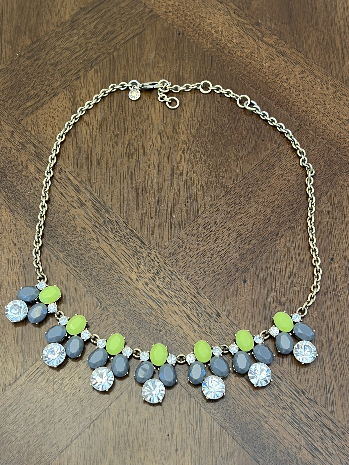 J. Crew Lime Green & Gray Rhinestone Fashion Statement Necklace Gold Tone Nice!