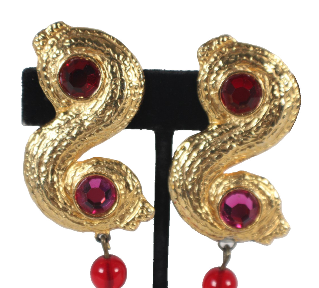 YVES SAINT LAURENT Vintage Gold Metal, Crystal & Glass S-Swirl Clip-On Earrings