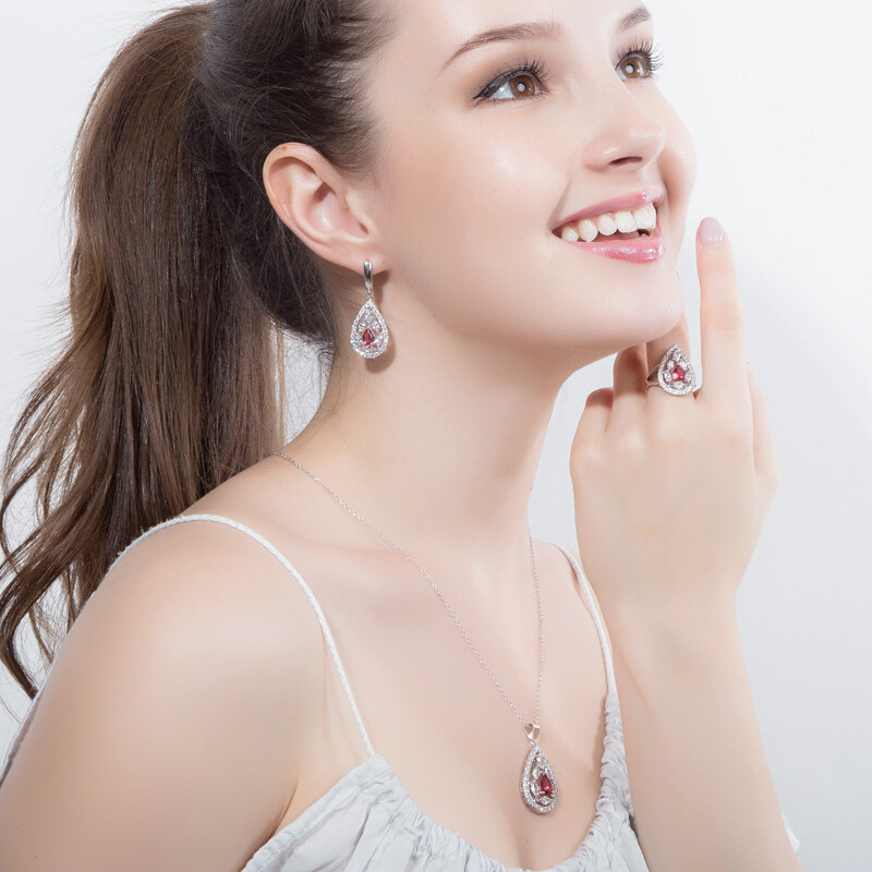 Dangle Drop Pendant Necklace Huggie Earrings Ring Silver Plated CZ Jewelry Set