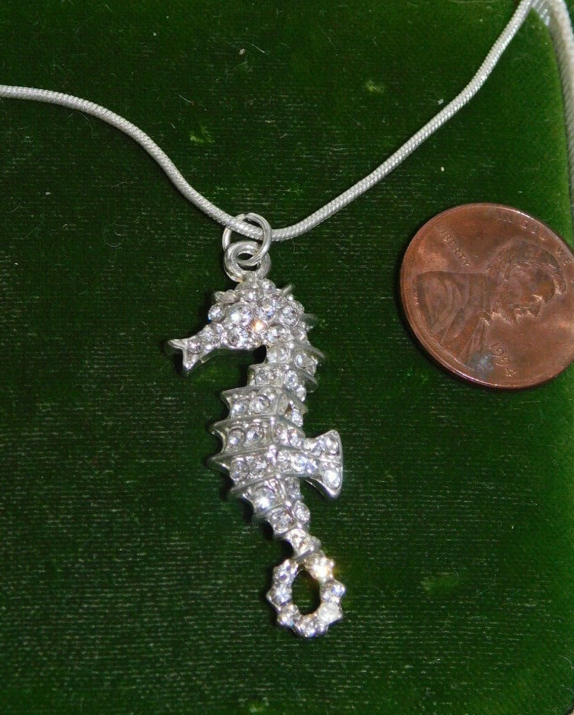 Nautical Seahorse Sea Horse Rhinestone Pendant Snake chain Silver Necklace 7b 81