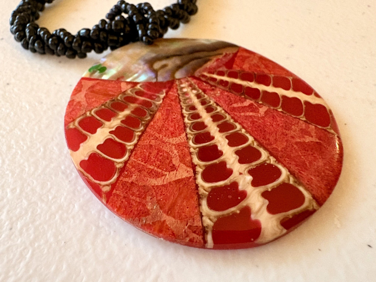 Abalone Shell Mosaic Iridescent Seed Beads Large Round Disc Pendant Necklace