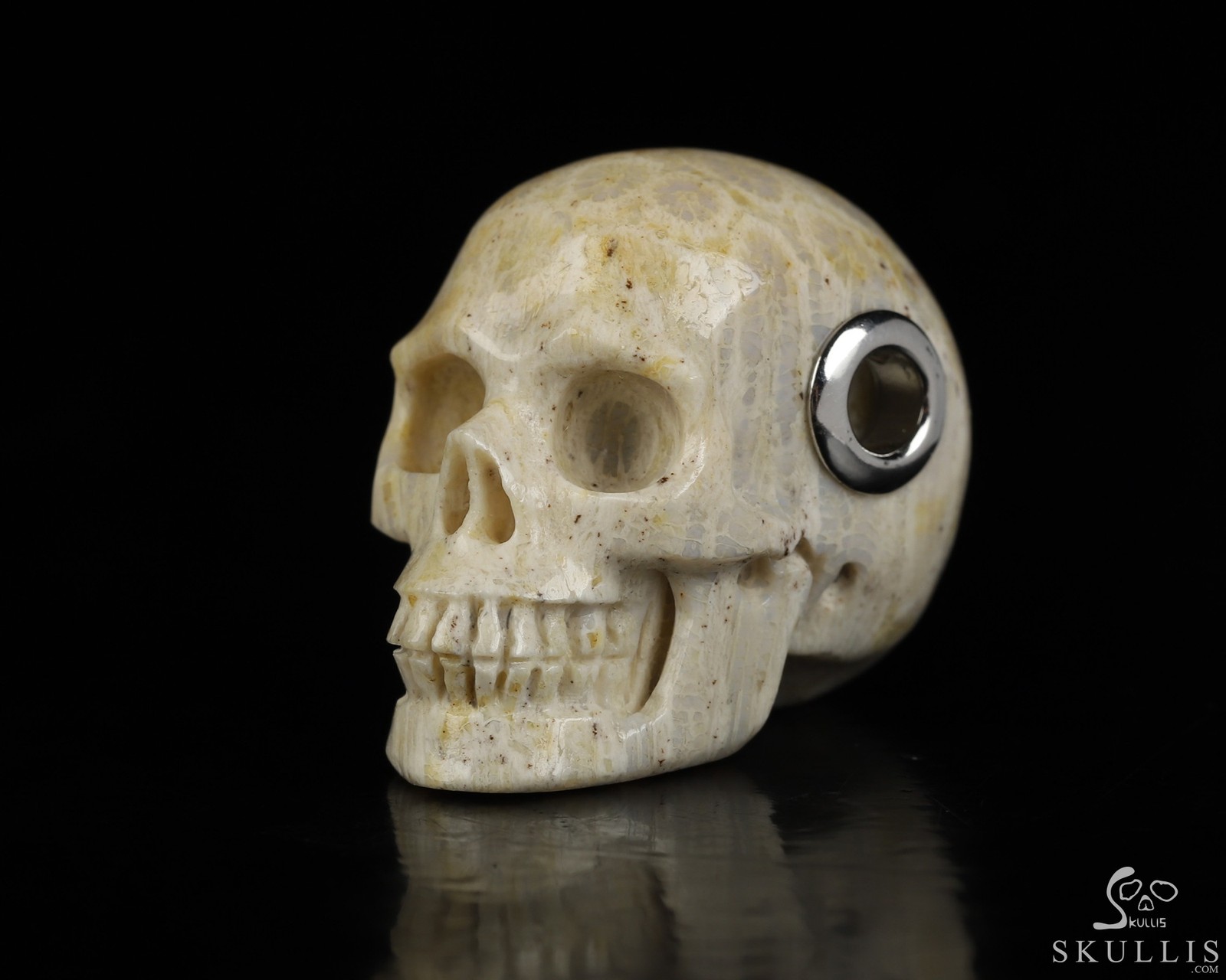 Necklace of 1.1″ Coral Fossil Hand Carved Crystal Skull Pendant, Skull Jewelry