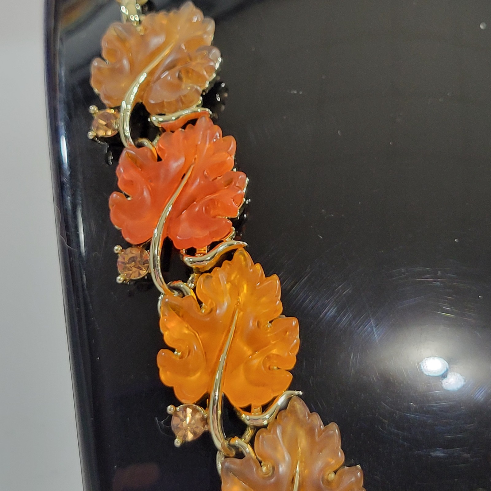 Lisner Autumn Leaf Lucite Rhinestone Set Amber Topaz Necklace Bracelet Earring