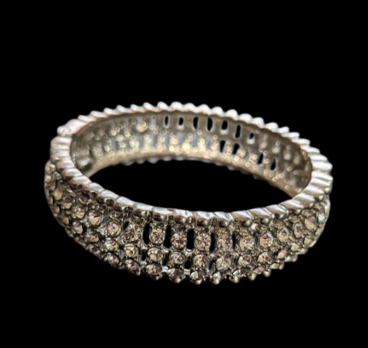 Wide Silver Rhinestone Cuff Bracelet Multi Row Clear Crystal 1/2″ Wide Bangle