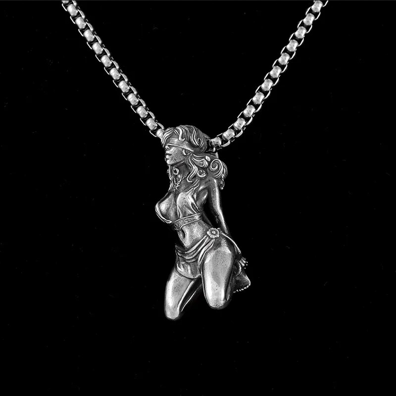 Bound Woman Kneeling Jewelry Vintage Silver Color Sexy Punk Pendant Necklace