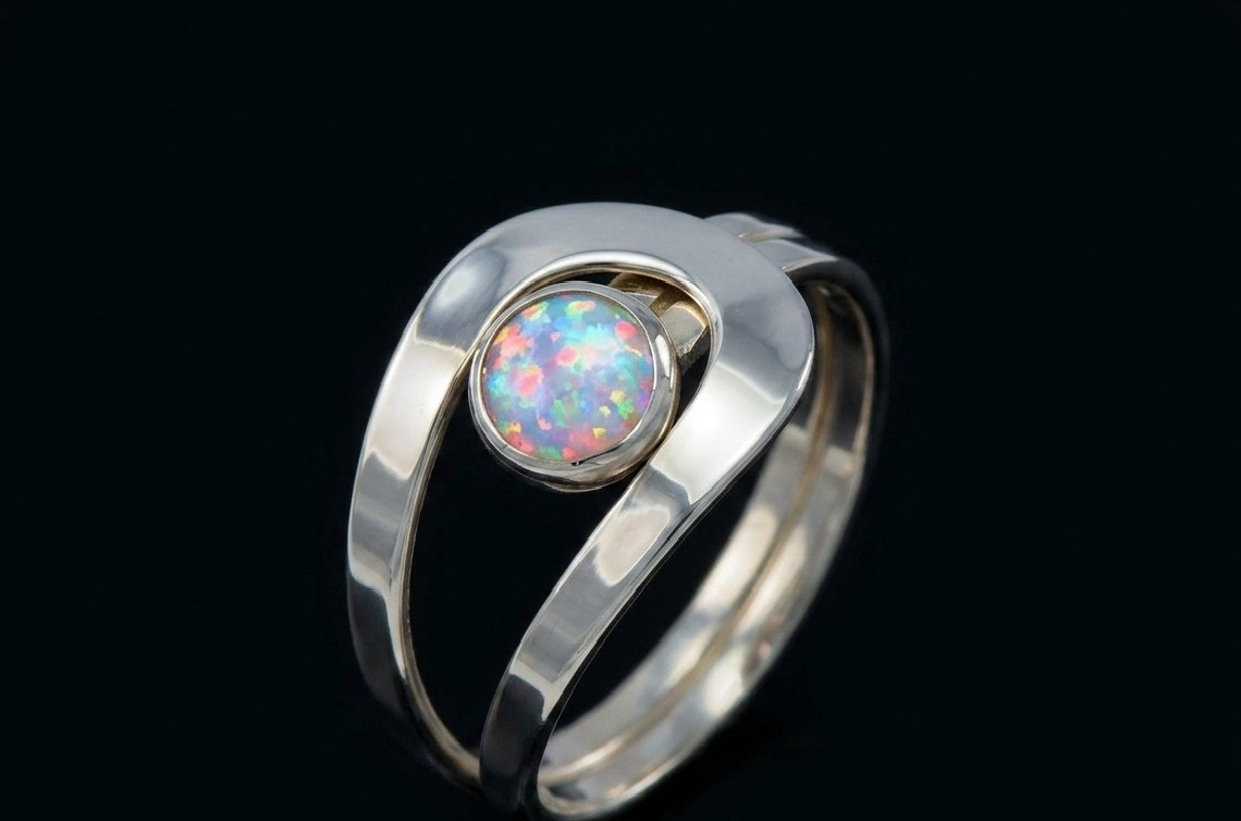 Sterling Silver Opal Ring, Modern Arc Design, Lab Created Gemstone,