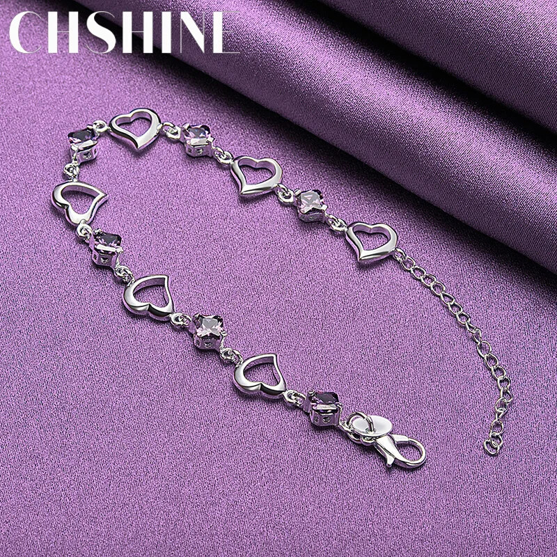 CHSHINE 925 Sterling Silver Heart Purple Zircon Chain Bracelet Charm Jewelry