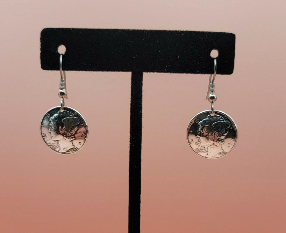 Mercury Dime Coin Silver Pressed Dangle Earrings 1940 1945 5.4G Women’s