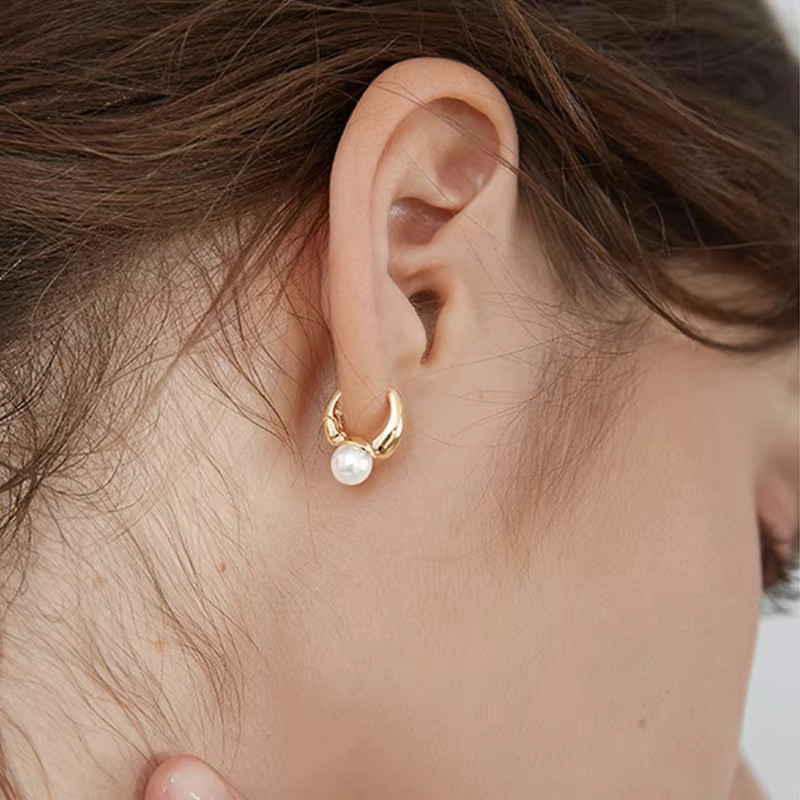 925 Sterling Silver Pearl Huggie Hoop Earrings Gold Silver Women Jewellery Gift