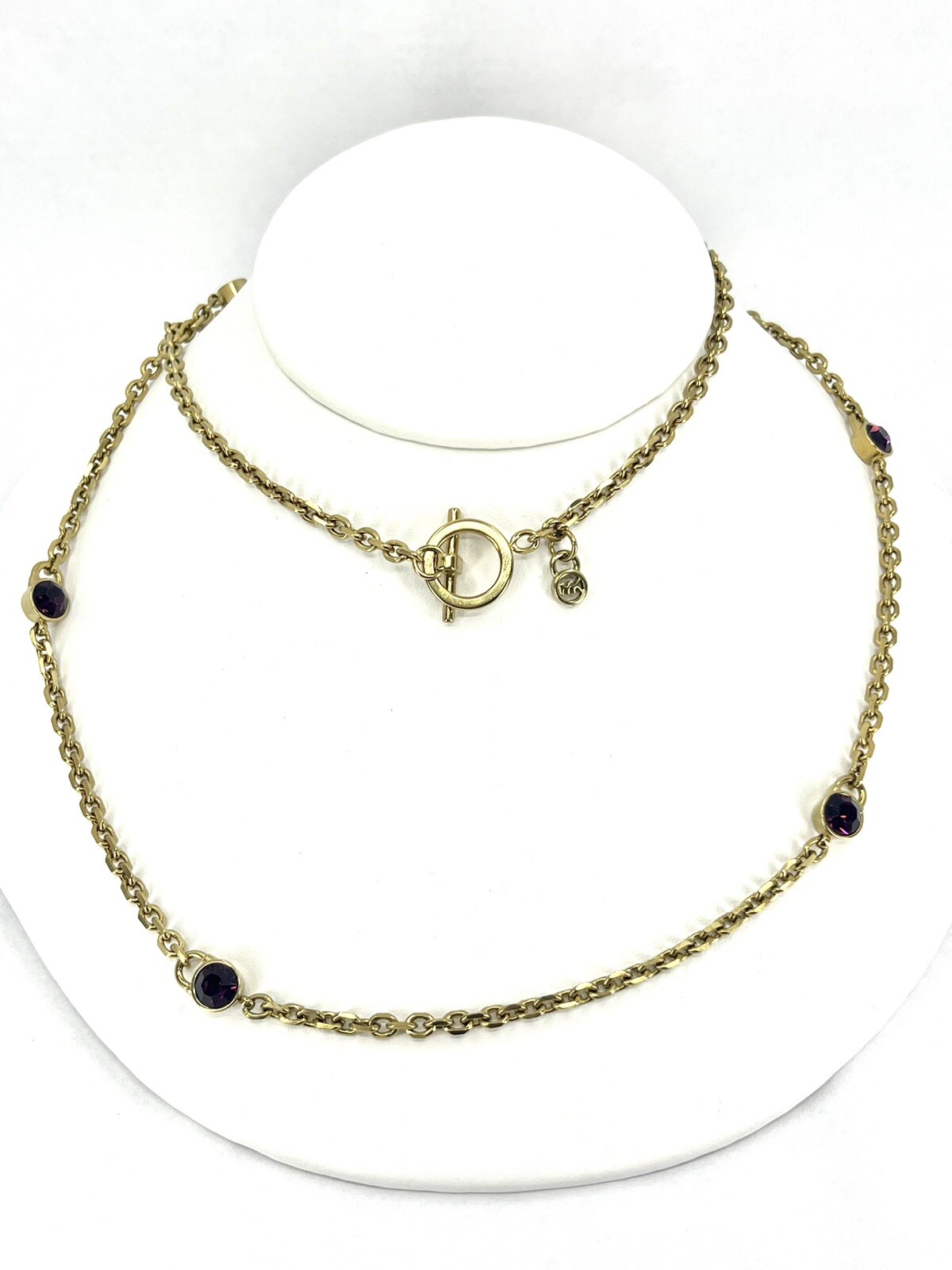 Michael Kors Gold Tone Toggle Chain 36” Necklace Purple Crystal Station $150