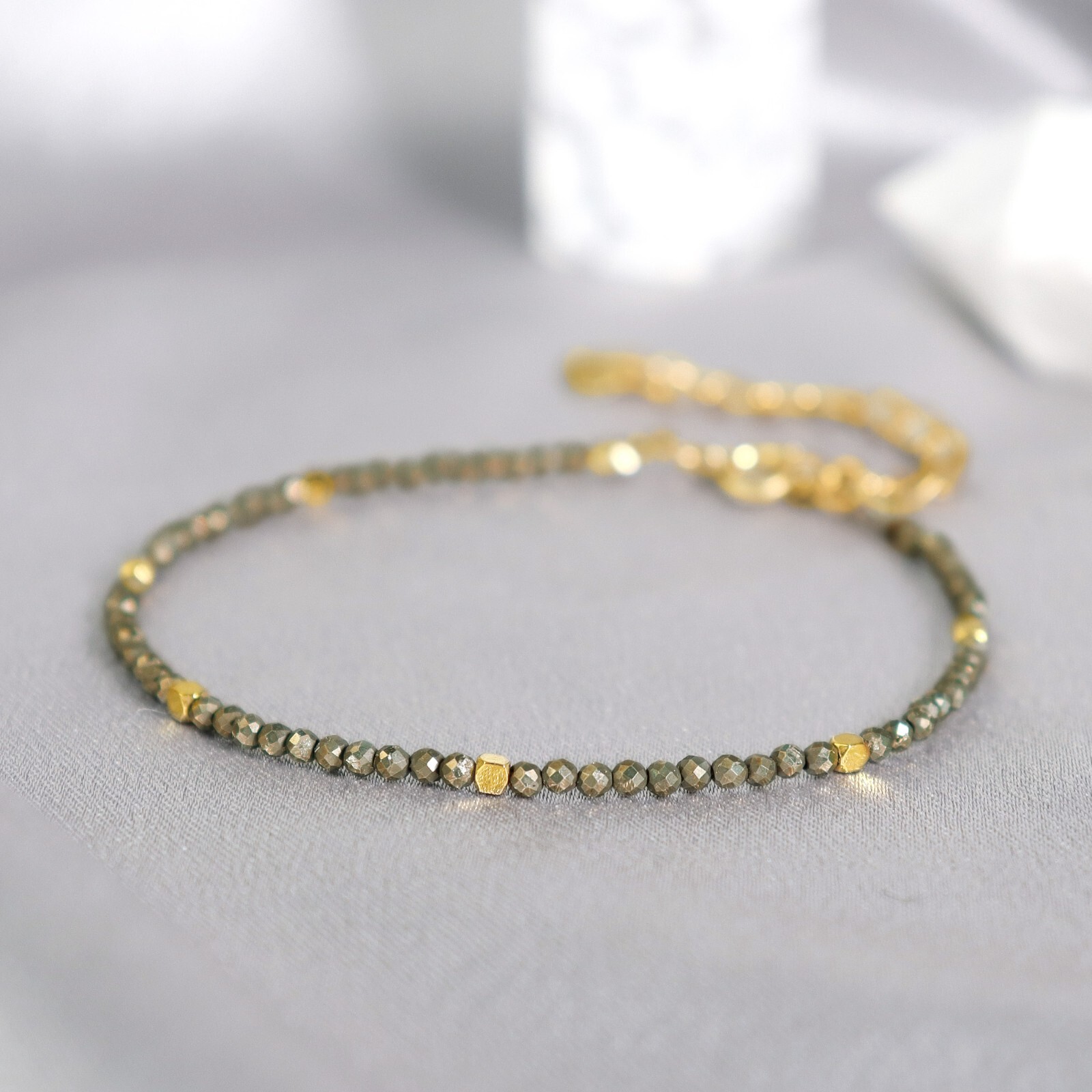 Pyrite Crystal Gemstone Bracelet 2mm Tiny Beads Healing Meditation Chakra
