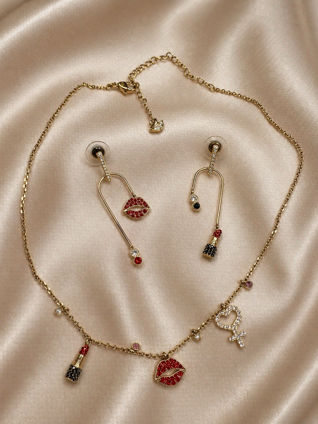 Swarovski Crystal Gold-Plated Lipstick & Lips Necklace & Earrings Set Red Gold